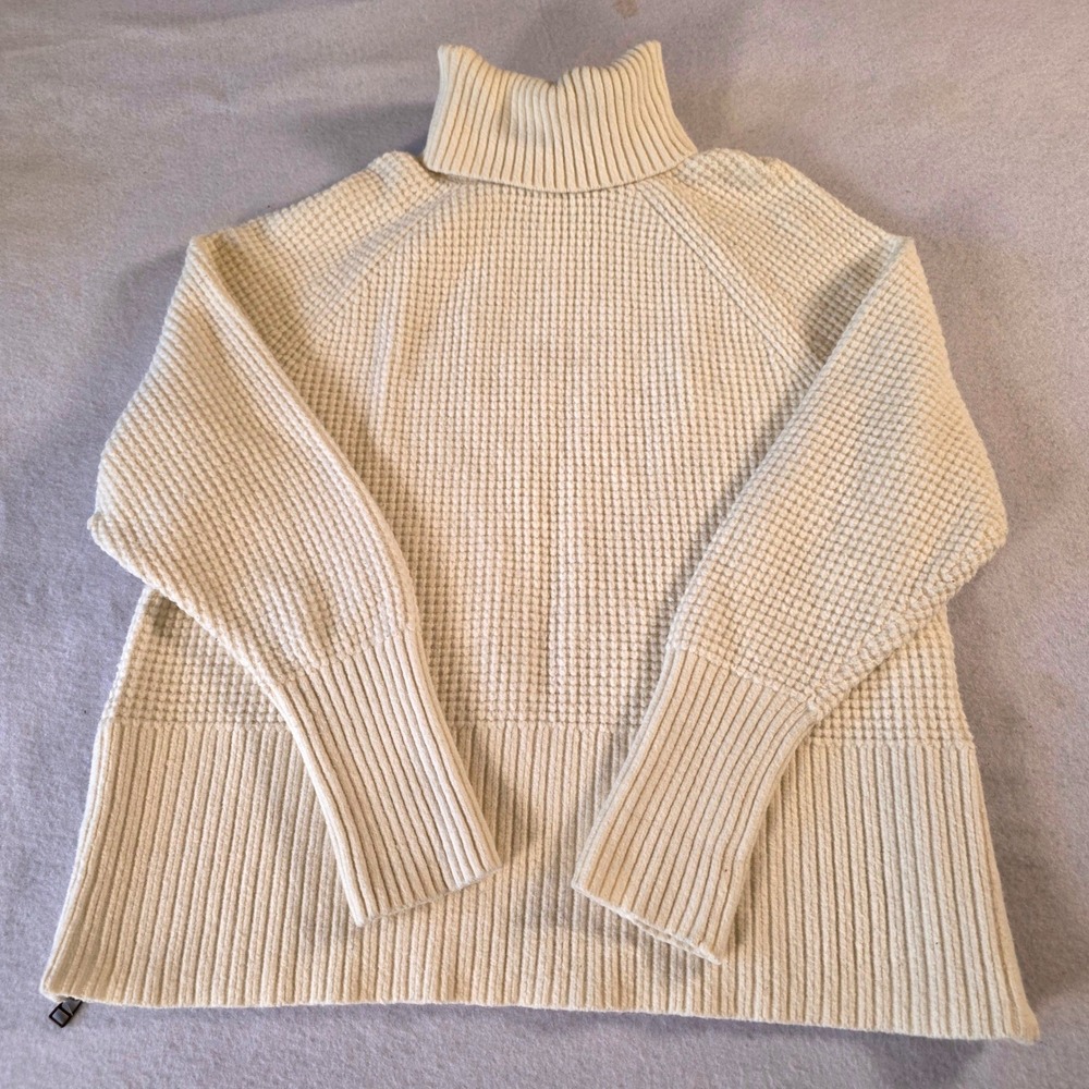 LL Bean Signature Cream Waffle Knit Turtleneck Side Zip Sweater XL Petite 521537